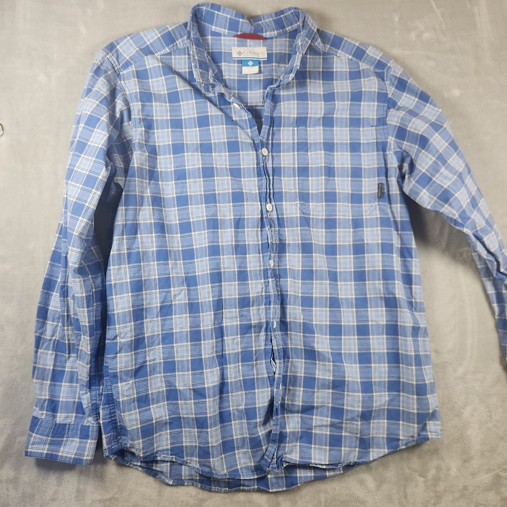Columbia Blue Plaid Shirt Mens L Button Down Front Long Sleeve Pocket